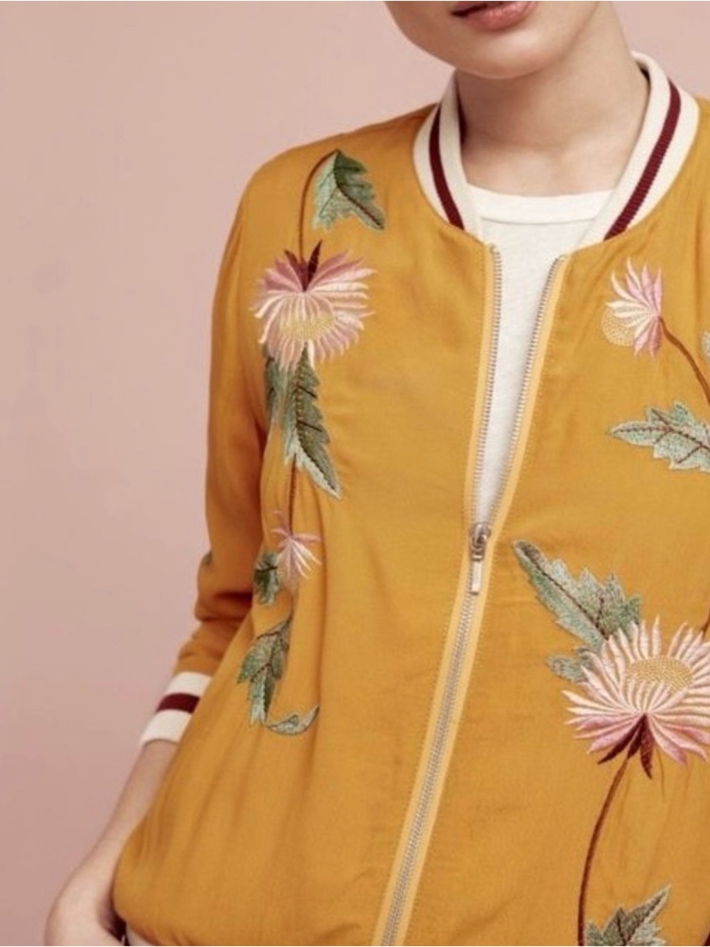 Anthropologie Mustard Floral Embroidered Bomber Jacket